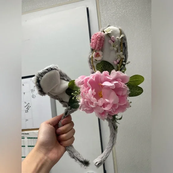 Floral Pink and Gray Easter Ears / Bunny Headband - Picture 2 of 2